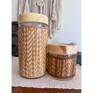 Two Wicker-Covered Glass Canisters with Screw Tops Vintage (4065)